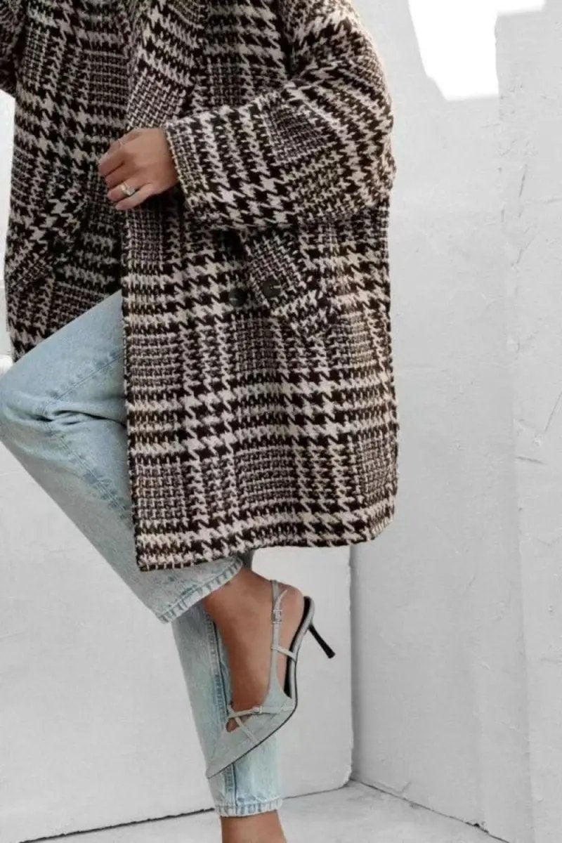 Houndstooth Collared Neck Long Sleeve Coat with Pockets - Love Salve